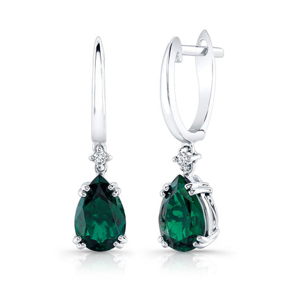 Created Emerald And Diamond Dangle Teardrop Earrings In 14k White Gold