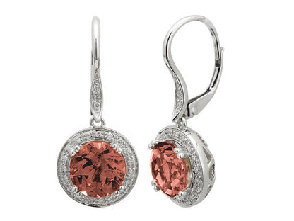 Garnet And Diamond Halo Leverback Earrings In 14k White Gold