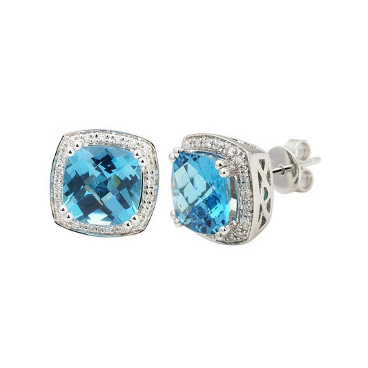 Swiss Blue Topaz Cushion Cut And Diamond Earrings In 14k White Gold