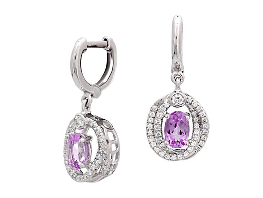 Amethyst Oval & Diamond Earrings In 14k White Gold