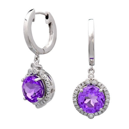 Amethyst Round & Diamond Dangle Earrings In 14k White Gold