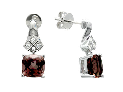 Garnet And Diamond Cushion Drop Earrings In 14k White Gold