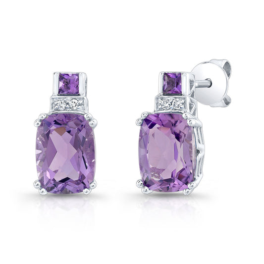 Amethyst And Diamond Cushion Drop Earrings In 14k White Gold