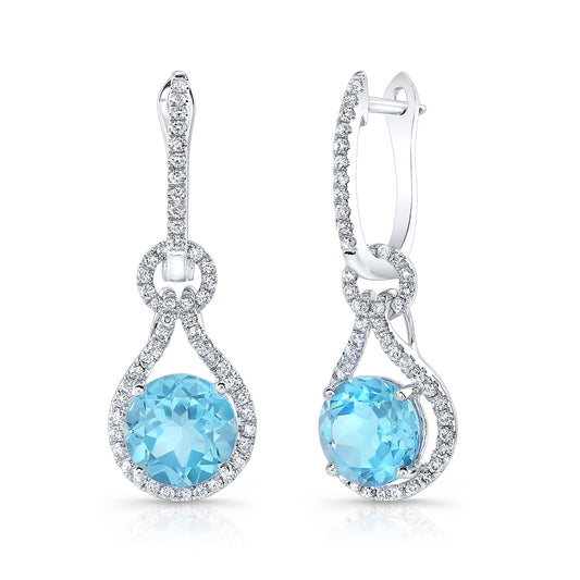 Swiss Blue Topaz Round & Diamond Earrings In 14k White Gold
