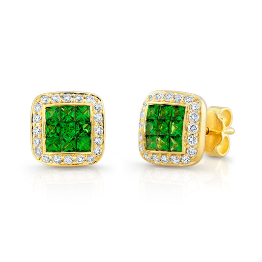 Tsavorite & Diamond Square Invisible-cut Stud Earrings In 14k Yellow Gold