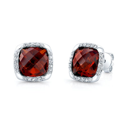 Garnet Cushion And Pave Diamond Earrings In 14k White Gold