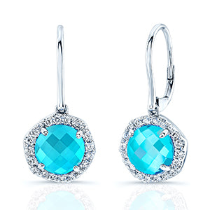 Blue Topaz And Diamond Checker Board Round Dangle Lever Back Earrings In 14k White Gold (3/8ctw)
