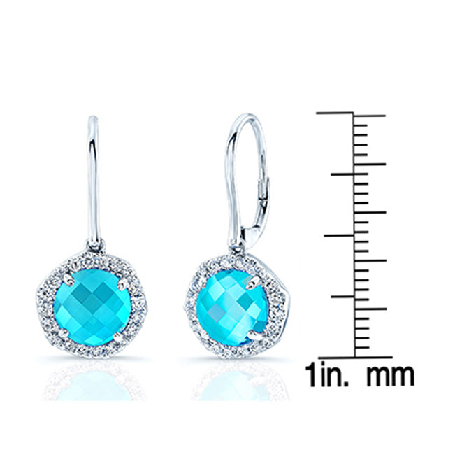 Blue Topaz And Diamond Checker Board Round Dangle Lever Back Earrings In 14k White Gold (3/8ctw)