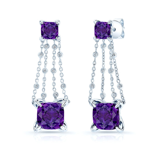 Amethyst And Diamond Dangle Square Earrings In 14k White Gold