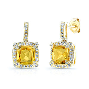 Citrine Cushion And Pave Diamond Earrings In 14k Yellow Gold (3/8 Ct. Tw.)