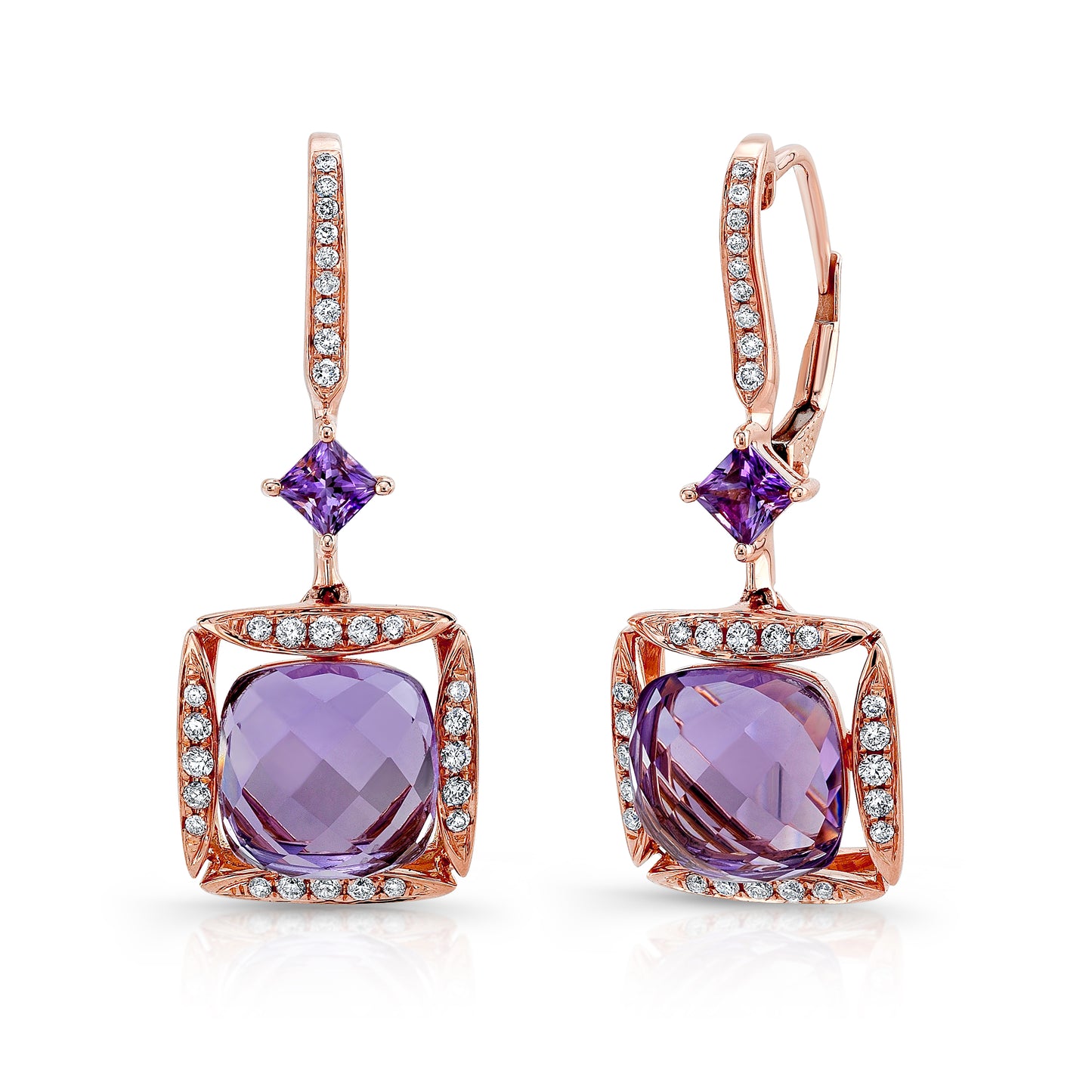 Amethyst Cushion And Princess Cut Dangling Earrings With Diamond Pave Accent In 14k Rose Gold (8mm, 3mm)