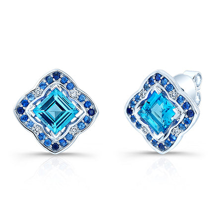Swiss Blue Topaz, Sapphire And Diamond Earrings In 14k White Gold