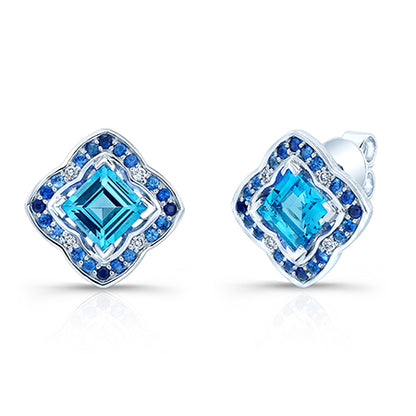 Swiss Blue Topaz, Sapphire And Diamond Earrings In 14k White Gold