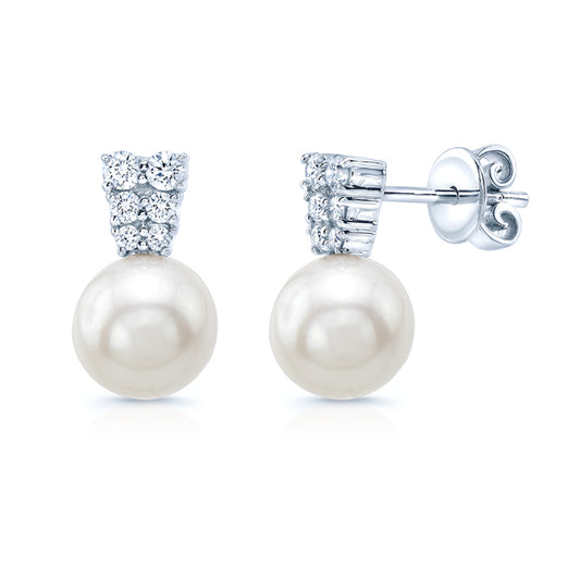 White Cultured Akoya Pearl Earrings With Diamond Prong-set Tapered Tops In 14k White Gold