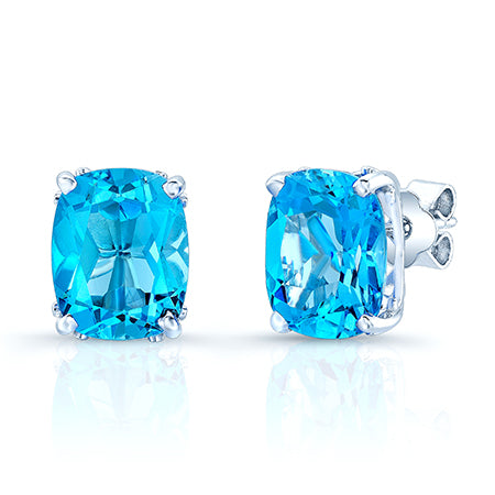 Blue Topaz Cushion 4 Prong Stud Earrings In 14k White Gold