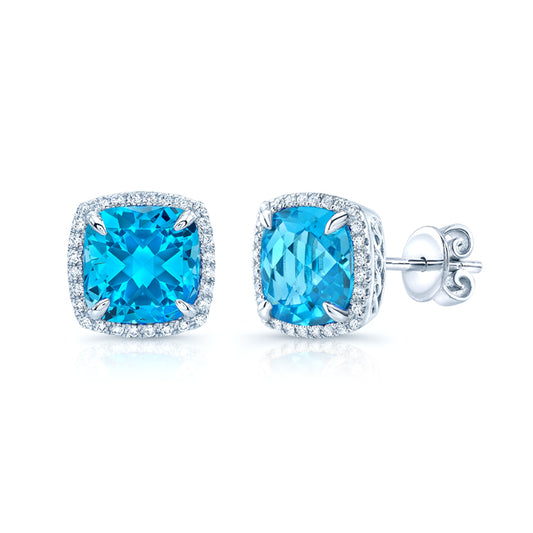 Swiss Blue Topaz & Diamond Earrings In 14k White Gold