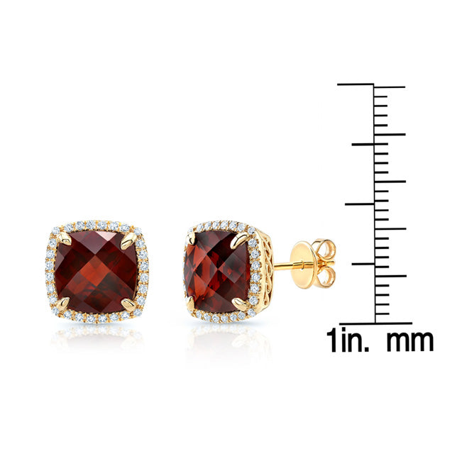 Garnet Cushion And Pave Diamond Earrings In 14k Yellow Gold (1/5 Ct. Tw.)