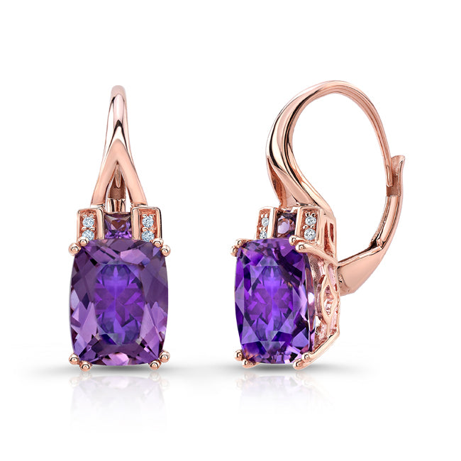 Cushion Amethyst And Pave Diamond Earrings In 14k Rose Gold (8x6mm)