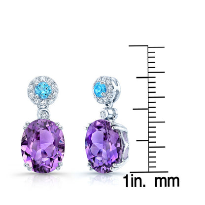 Amethyst, Swiss Blue Topaz And Diamond Earrings In 14k White Gold (9x7mm)