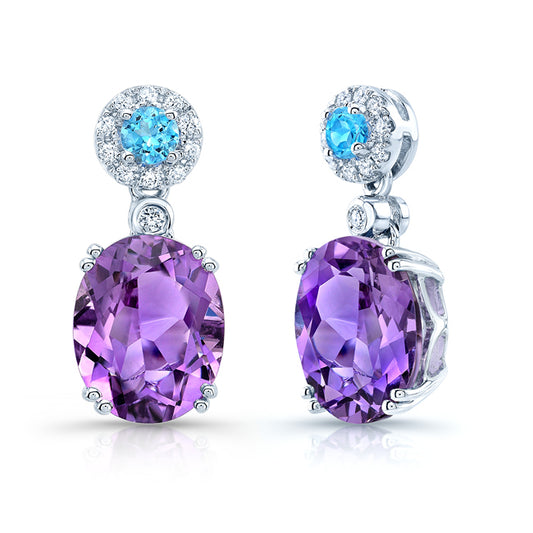 Amethyst, Swiss Blue Topaz And Diamond Earrings In 14k White Gold (9x7mm)