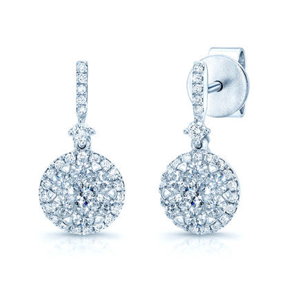 Diamond Cluster Halo Drop Earrings In 14k White Gold