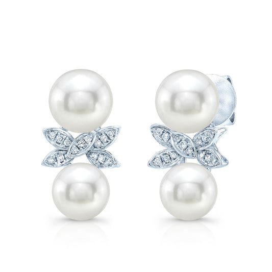 Fresh Water Pearl And Diamond Butterfly Earring In 14k White Gold
