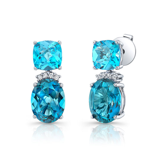 London Blue And Swiss Blue Topaz With Diamond Earrings In 14k White Gold
