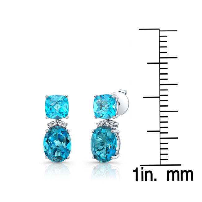London Blue And Swiss Blue Topaz With Diamond Earrings In 14k White Gold