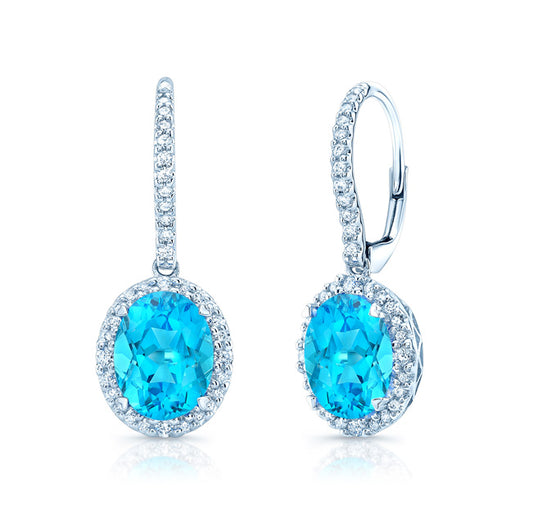 Blue Topaz And Diamond Oval Halo Dangle Earrings In 14k White Gold ( Hi / Si )