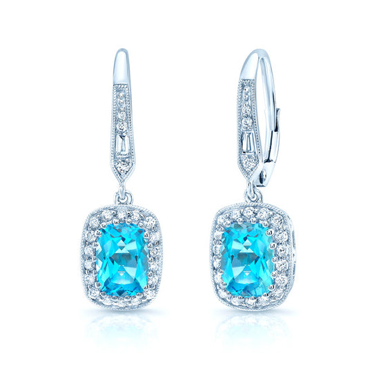 Blue Topaz And Diamond Elongated Cushion Halo Dangle Earrings In 14k White Gold ( Hi / Si )
