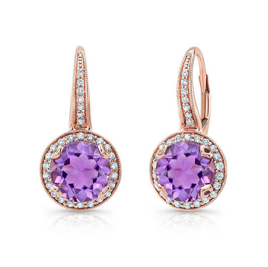 Amethyst And Diamond Round Halo Antique Finish Dangle Earrings In 14k Rose Gold ( Hi / Si )