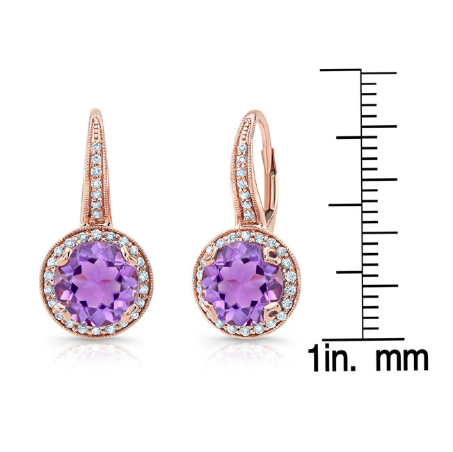 Amethyst And Diamond Round Halo Antique Finish Dangle Earrings In 14k Rose Gold ( Hi / Si )