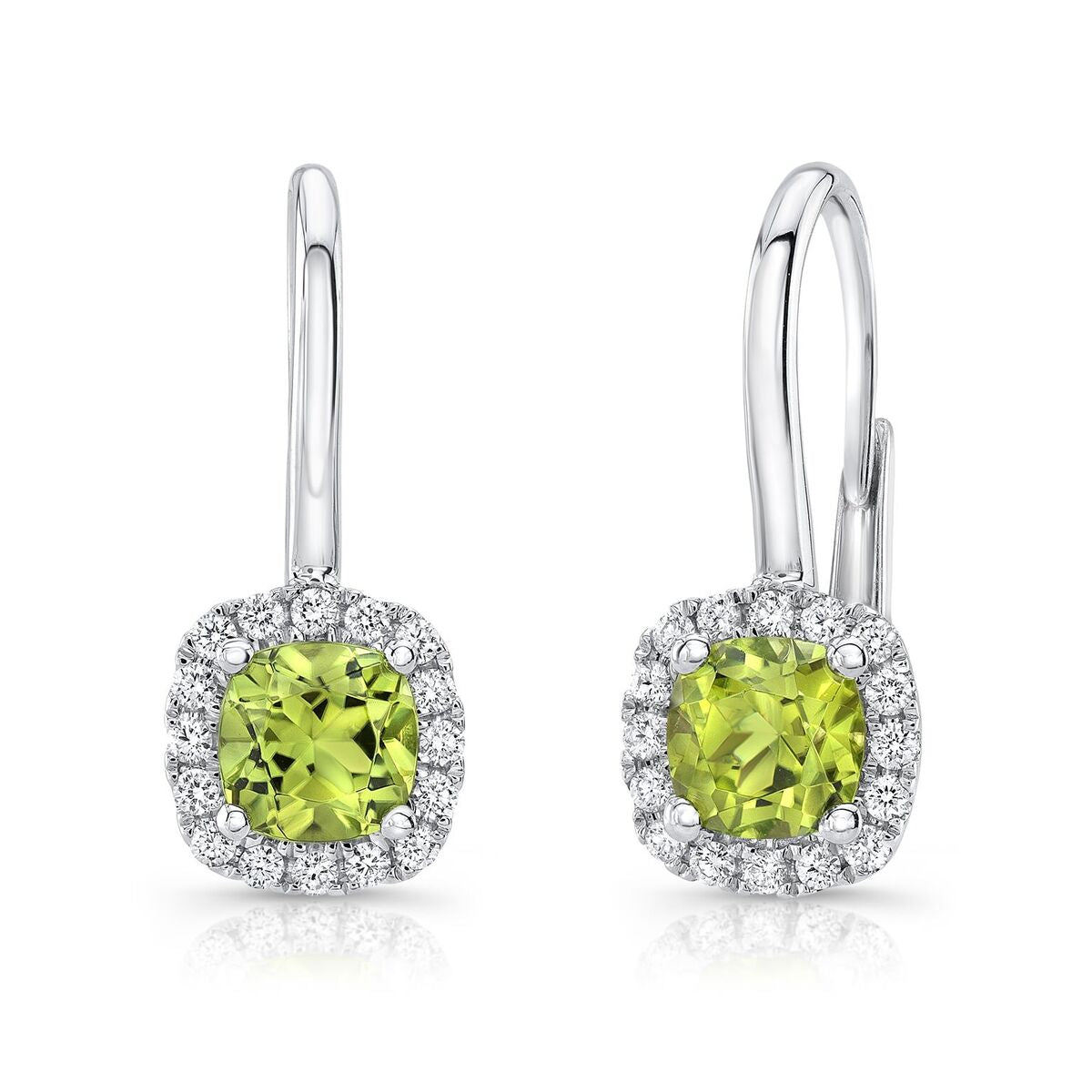 Peridot And Diamond Square Halo Lever Back Earrings In 14k White Gold