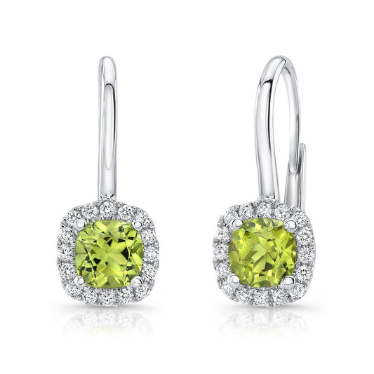 Peridot And Diamond Square Halo Lever Back Earrings In 14k White Gold