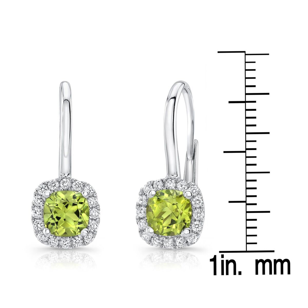 Peridot And Diamond Square Halo Lever Back Earrings In 14k White Gold