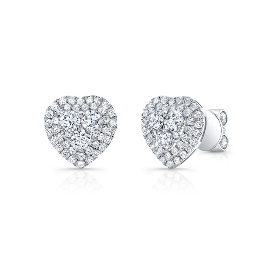 Diamond Cluster Heart Earrings in 14k White Gold 9/10ctw