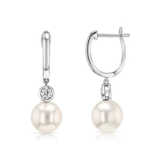 Akoya Pearl and Bezel Diamond Earrings in 14k White Gold 1/5ctw