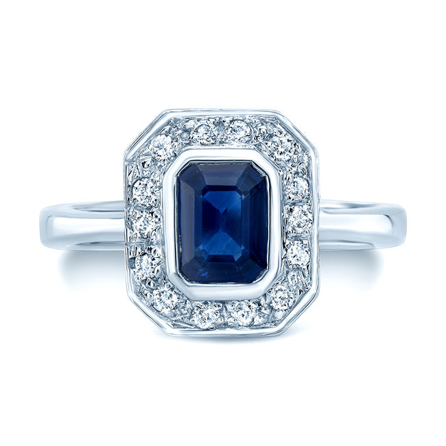 Sapphire And Diamond Bezel Emerald Cut Halo Ring In 14k White Gold