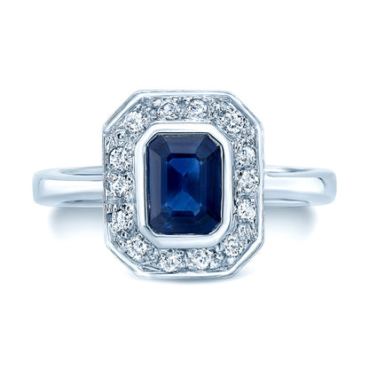 Sapphire And Diamond Bezel Emerald Cut Halo Ring In 14k White Gold