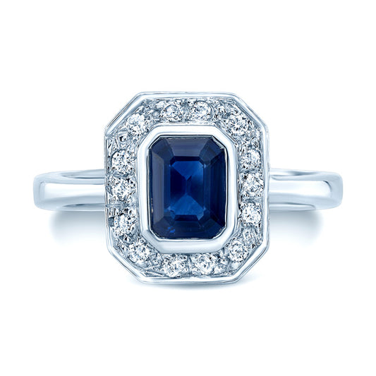 Sapphire And Diamond Bezel Emerald Cut Halo Ring In 14k White Gold