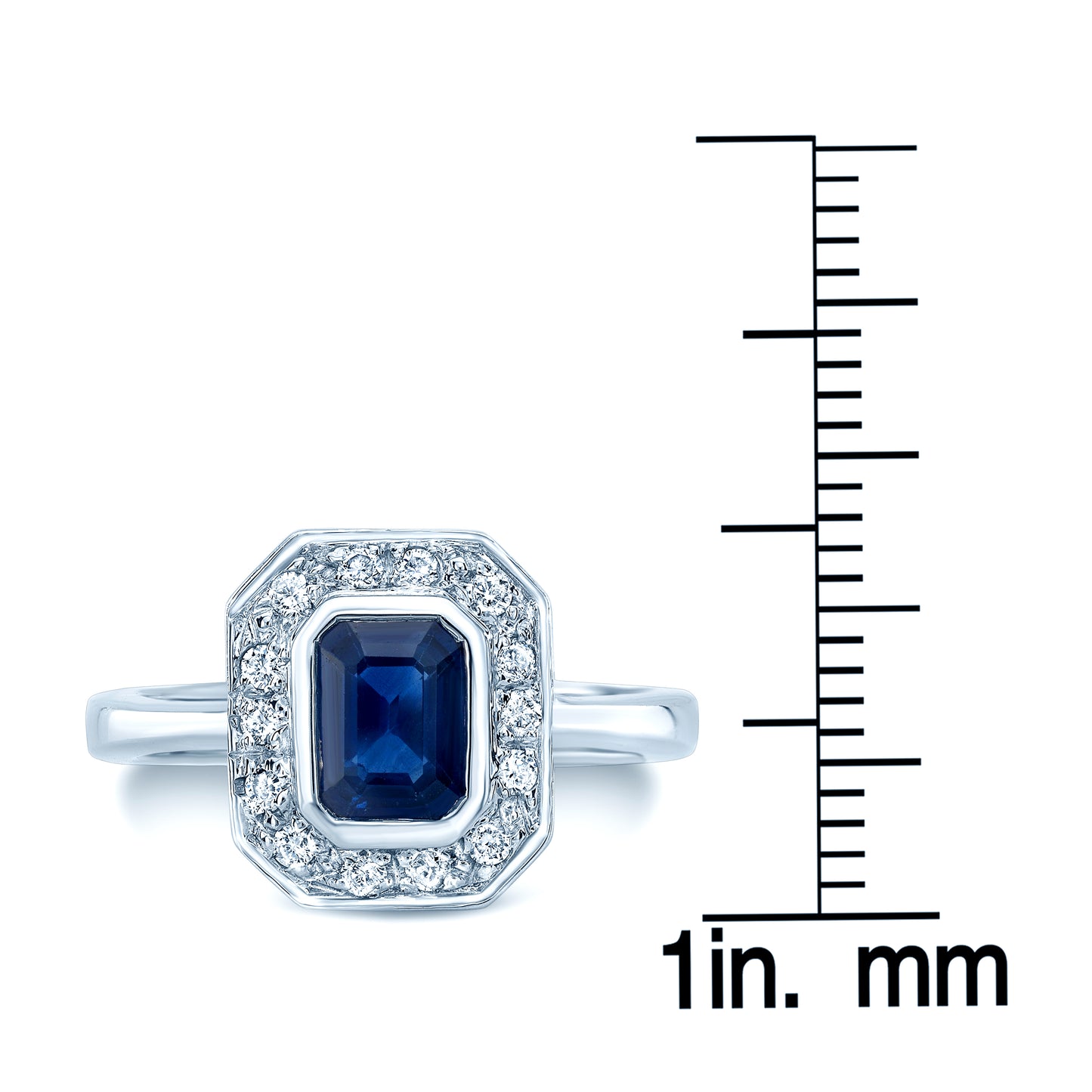 Sapphire And Diamond Bezel Emerald Cut Halo Ring In 14k White Gold