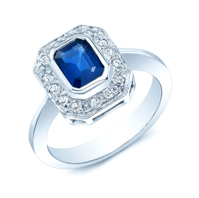 Sapphire And Diamond Bezel Emerald Cut Halo Ring In 14k White Gold