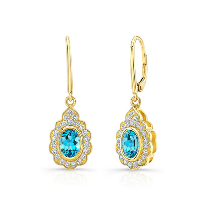 Blue Topaz And Diamond Oval Bezel Leverback Earrings With Teardrop Scallop Frame In 14k Yellow Gold 1/2ctw