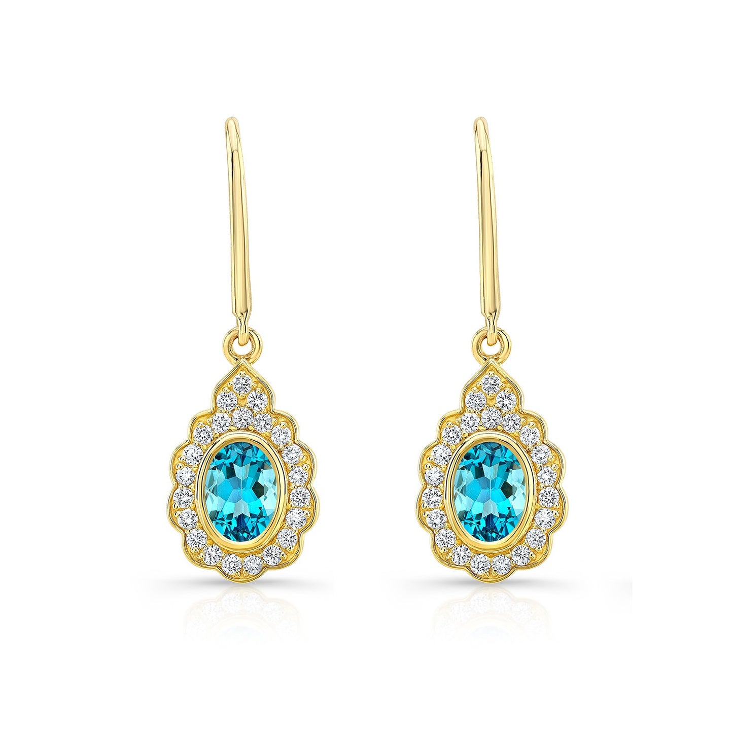 Blue Topaz And Diamond Oval Bezel Leverback Earrings With Teardrop Scallop Frame In 14k Yellow Gold 1/2ctw