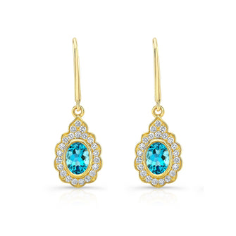Blue Topaz And Diamond Oval Bezel Leverback Earrings With Teardrop Scallop Frame In 14k Yellow Gold 1/2ctw