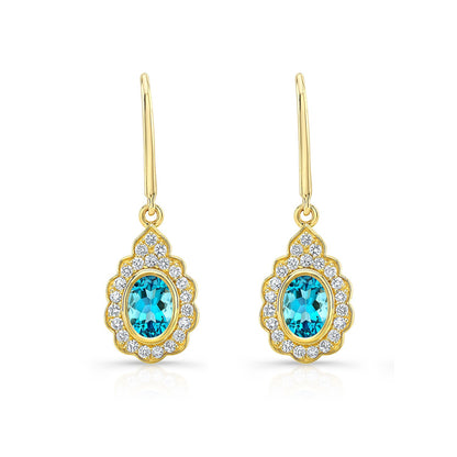 Blue Topaz And Diamond Oval Bezel Leverback Earrings With Teardrop Scallop Frame In 14k Yellow Gold 1/2ctw