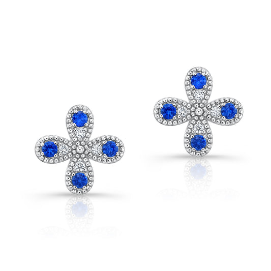 Sapphire and Diamond Clover Floral Stud Earrings in 14k White Gold 1/12ctw