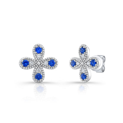 Sapphire and Diamond Clover Floral Stud Earrings in 14k White Gold 1/12ctw