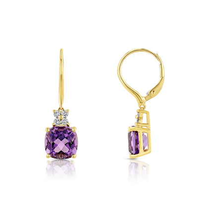 Cushion Amethyst and Diamond Leverback Earrings in 14k Yellow Gold 1/6ctw