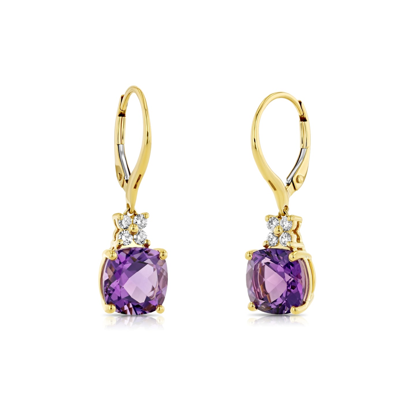Cushion Amethyst and Diamond Leverback Earrings in 14k Yellow Gold 1/6ctw